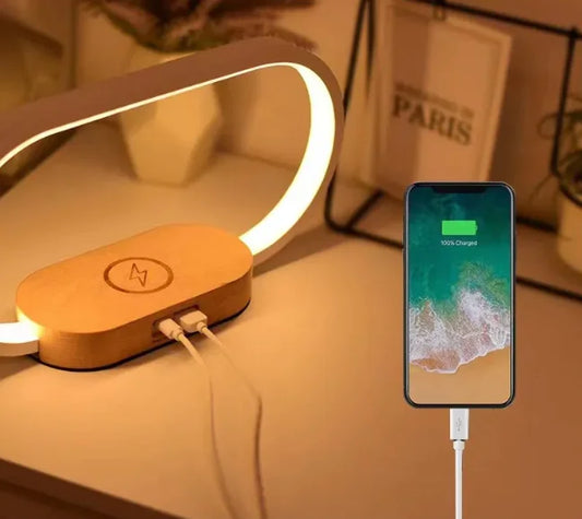 Wireless Charging Desk Lamp with Clock & Touch Dimming - Wood Finish
