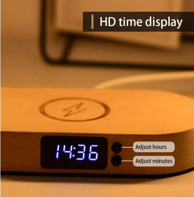 Wireless Charging Desk Lamp with Clock & Touch Dimming - Wood Finish