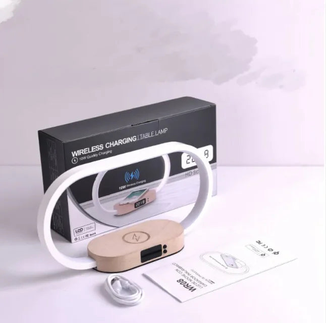 Wireless Charging Desk Lamp with Clock & Touch Dimming - Wood Finish